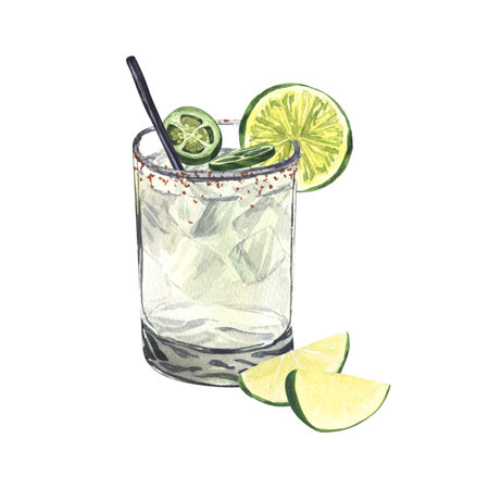 Summer cocktail, spicy lime margarita in a short glass and salt, pepper jalapeno. Watercolor hand-drawn illustration isolated on white background. Perfect for recipe alcoholic lists with drinksの写真素材