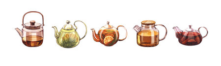 Set different of the teapots of tea, kettle, glass with infuser and with lemon or citrus. Watercolor hand-drawn illustration isolated on white background. Perfect for recipe lists with drinks for cafeの写真素材