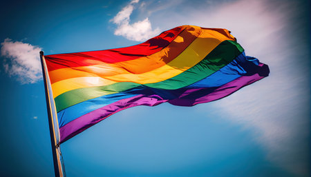 Rainbow LGBT flag waving in the wind against a blue sky with cloudsの素材