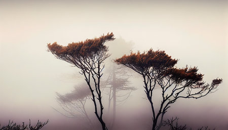 Trees in a foggy morning, generative AIの素材