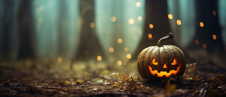 Carved out orange halloween pumpkin jack o lantern in the forest with copy space AI generatedの素材