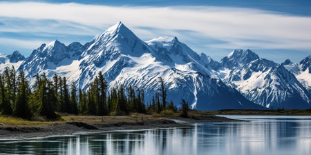 Alaska mountain range wilderness nature landscape, snowy mountains wallpaper, AI generatedの素材