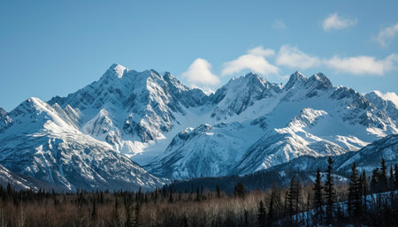 Snowy mountains of Alaska, landscape with forests, valleys, and rivers in daytime. Breathtaking nature composition background wallpaper, travel destination, adventure outdoorsの素材