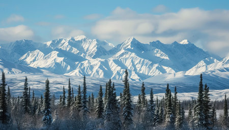 Snowy mountains of Alaska, landscape with forests, valleys, and rivers in daytime. Serene wilderness nature composition background wallpaper, travel destination, adventure outdoorsの素材