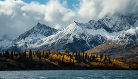 Snowy mountains of Alaska, landscape with forests, valleys, and rivers in daytime. Serene wilderness nature composition background wallpaper, travel destination, adventure outdoorsの素材