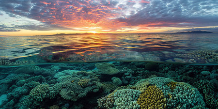 Great Barrier Reef on the coast of Queensland, Australia seascape. Coral marine ecosystem underwater split view, golden hour sunset evening sky wallpaper backgroundの素材