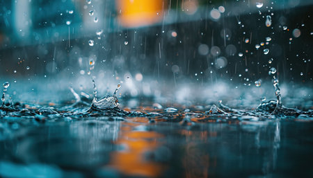 Closeup of rain drops splashing in in a puddle. Rainy season Autumn in a city macro shot, melancholic, sad moodの素材