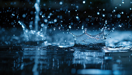 Closeup of rain drops splashing in in a puddle. Rainy season Autumn in a city macro shot, melancholic, sad moodの素材