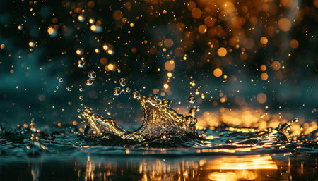 Close up of rain drops splashing in in a puddle. Rainy season Autumn in a city macro shot, golden hour sunset lighting, uplifting, invigorating moodの素材