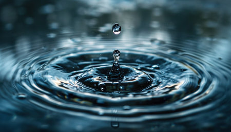 Closeup of a water drop splash in in a pond. Macro shot, blue and gray tones, surface tension, beautiful natureの素材