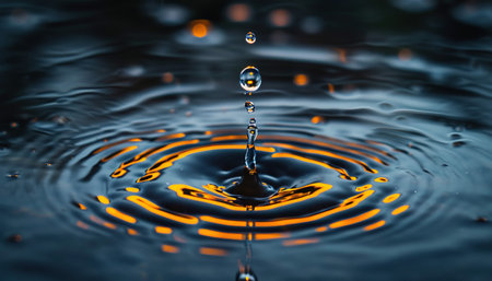 Closeup of a water drop splash in in a pond. Macro shot, blue and gray tones, surface tension, beautiful natureの素材