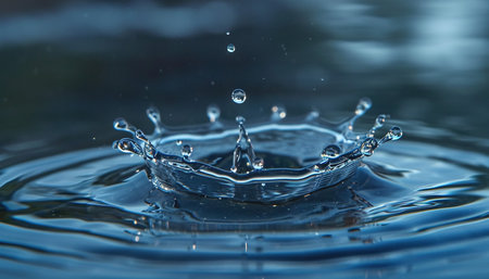 Closeup of a water drop splash in in a pond. Macro shot, blue and gray tones, surface tension, beautiful natureの素材