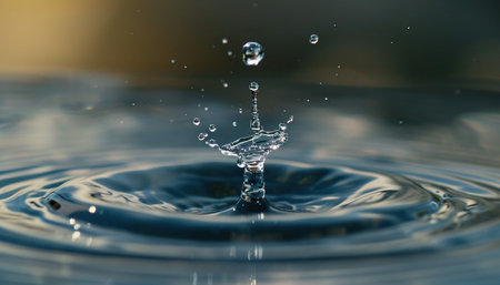 Closeup of a water drop splash in in a pond. Macro shot, blue and gray tones, surface tension, beautiful natureの素材
