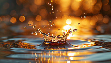 Closeup of a water drop splash in in a pond during golden hour sunset. Macro shot, orange and yellow tones, refreshing beautiful nature, surface tension, ripplesの素材