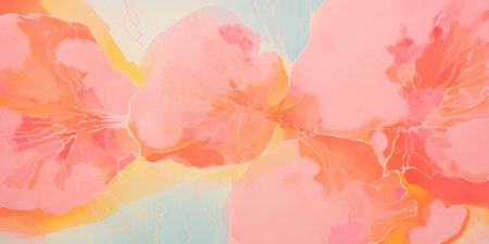 Abstract pastel vibrant colors gouache paint flow, swirl and splatter texture pattern background. Dynamic composition of shapes, modern art painting wallpaper backdropの素材