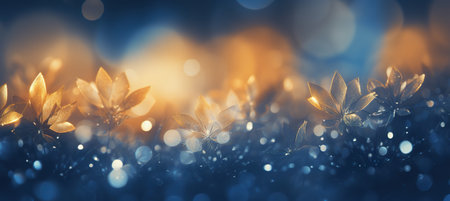 Cozy Christmas golden ice flowers on the snow background with yellow and blue bokeh hues. Festive, uplifting wallpaper backdropの素材