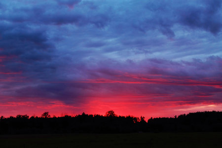 Fiery pink red blue summer evening sunset skyの写真素材