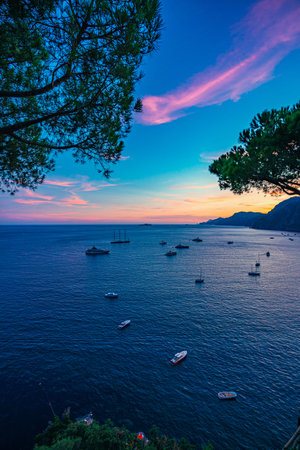 Sunset over the coast in Positano, Amalfi Coast, Campagna Italy