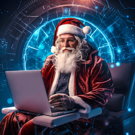 Santa Claus sitting at the table with a laptop against futuristic background.
Merry Christmas. Happy New Year. Artificial Intelligence.の写真素材