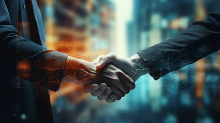 Close up of two businesspeople shaking hands with digital connection concept.
Partnership concept. Handshake of businessmen in a suit. Successful negotiating business concept.の写真素材