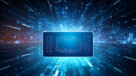 Futuristic circuit board on blue background. 3D Rendering.
Business card on digital screen...