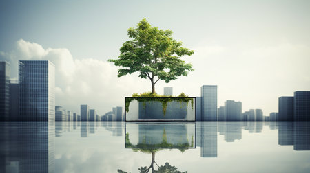 Green tree on glass cube with city background. Ecology and environment concept. 
World Environment day concept. Save planet and earth concept.の写真素材