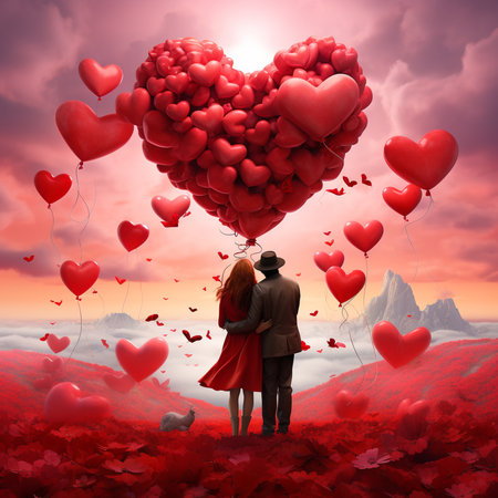 Couple in love with red heart shaped balloons. Valentine's day card. Valentine's day.の写真素材