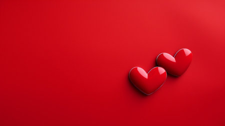 Two red hearts on a red background with copy space. Valentine's day concept.の写真素材
