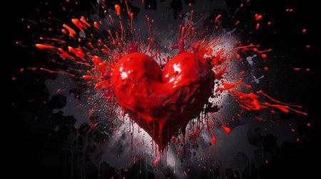 Red heart with splashes of red paint on a black background. 
Valentine's day card. Valentine's day. 3D renderingの写真素材