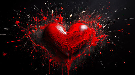 Red heart with splashes and drops of red paint on a black background. 
Valentine's day card. Valentine's day. 3d renderingの写真素材