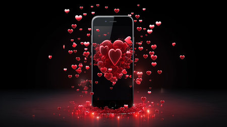 Smartphone with flying red hearts on black background. 
Valentine's day card. Valentine's day. Love concept. 3D renderingの写真素材
