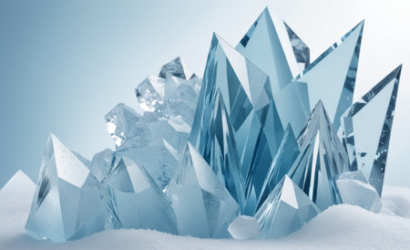 Blue crystal in the snow. 3d rendering, 3d illustration.の素材
