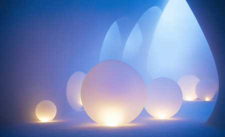 3d rendering of abstract geometric forms. Glowing balls on blue background.の素材