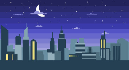 A modern flat design vector illustration of a city skyline at night. The scene features silhouettes of various skyscrapers and buildings with minimal lighted windowsのイラスト素材