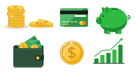 A clear and modern set of flat design vector icons representing key financial concept and money management. The collection includes symbols for saving, currency, electronic paymentのイラスト素材