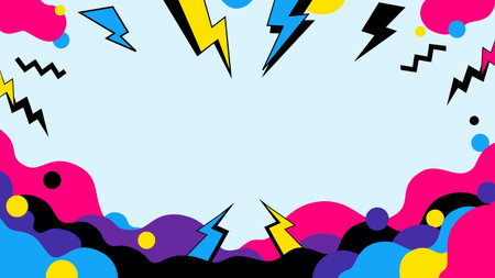 A dynamic and colorful vector background in the vibrant 80s and 90s Memphis style. The abstract design features fluid, curvy shapes, lightning bolts,のイラスト素材
