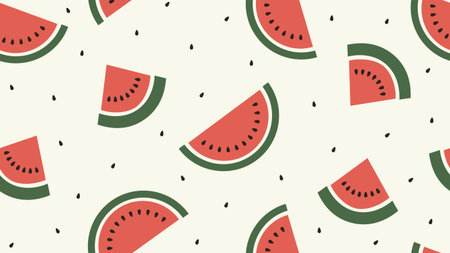A vibrant and modern  vector pattern featuring stylized red watermelon slices with green rinds and...