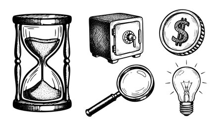 A premium collection of business and financial elements illustrated in a classic engraving style.