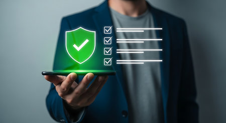 Man holding a smartphone with a shield and check boxes, protection conceptの写真素材