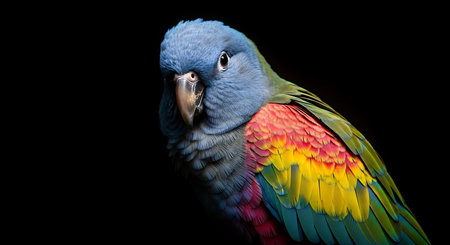 Striking portrait of a vividly colored parrot a stunning avian beauty with its blue head and rainbow feathers against aの写真素材