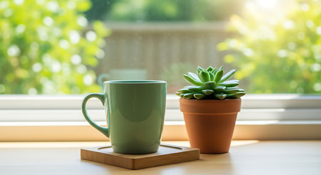 Morning Light on Coffee Cup and Succulent by the Window A Moment of Peace Warmth and Connection with Nature for a