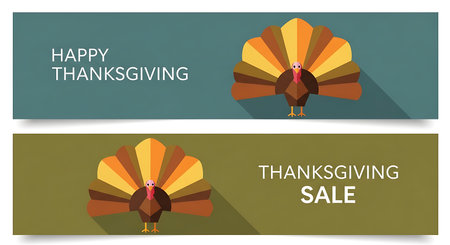 Two horizontal banners with a teal and olive green background respectively. Each banner displays a stylized, geometric turkey illustration and text wishing 'Happy Thanksgiving' or announcing a 'Thanksgiving Sale'.の素材