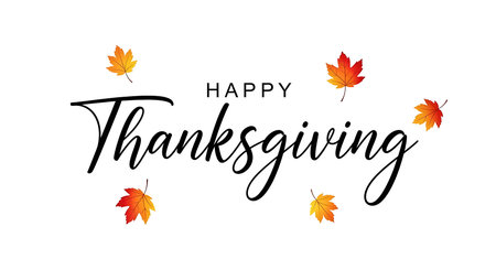 A festive and elegant design featuring the words Happy Thanksgiving in beautiful black calligraphy, surrounded by scattered, colorful autumn leaves on a clean white backdrop.の素材