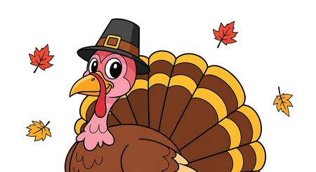 A whimsical cartoon turkey dons a pilgrim hat, surrounded by colorful falling autumn leaves. This festive illustration captures the spirit of Thanksgiving, perfect for holiday cards and seasonal decor.の素材