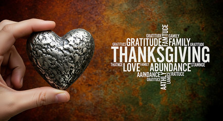 A close-up shot features a hand gently holding a textured, metallic heart shape. To the right, a word cloud prominently displays 'Thanksgiving' alongside other related terms like gratitude and love.の素材