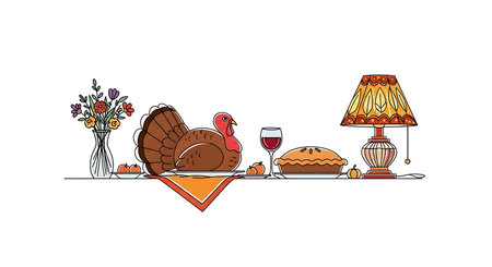 A whimsical illustration depicts a Thanksgiving table setting with a turkey, a slice of pie, a glass of wine, and a floral arrangement, all illuminated by a patterned lamp.の素材