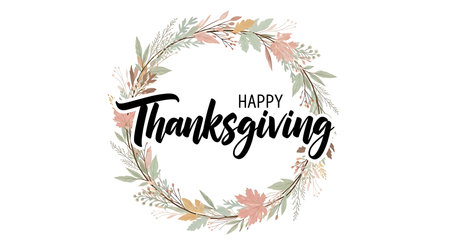 A beautiful oval wreath of delicate flowers and leaves encircles the handwritten phrase "Happy Thanksgiving." This design evokes warmth, gratitude, and the spirit of the autumn harvest season.の素材