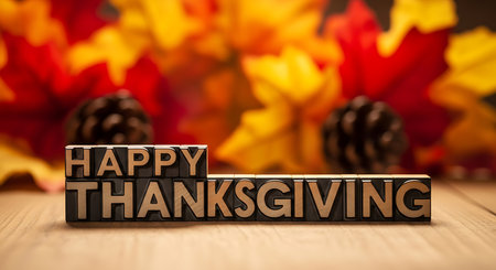 A festive display of 'Happy Thanksgiving' spelled out on wooden blocks. The warm tones of the letters and the blurred autumnal foliage create a cozy and celebratory atmosphere.の素材