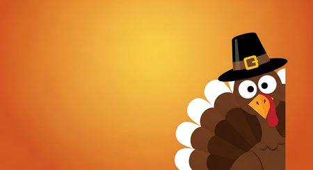 A cartoon pilgrim turkey with big eyes and a black hat peeks from the right side of a warm orange and yellow gradient background, perfect for Thanksgiving greetings.の素材