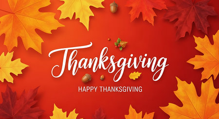 A festive Thanksgiving greeting is beautifully presented on a warm red background, surrounded by a border of colorful autumn maple leaves and scattered acorns, evoking a sense of harvest and gratitude.の素材